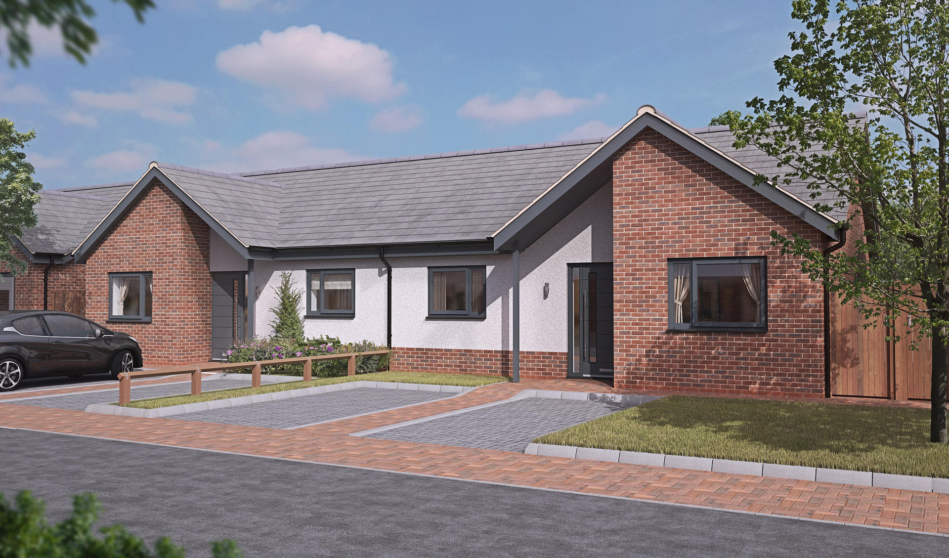 Artist impression of the front of the bungalows at Hutchings Way