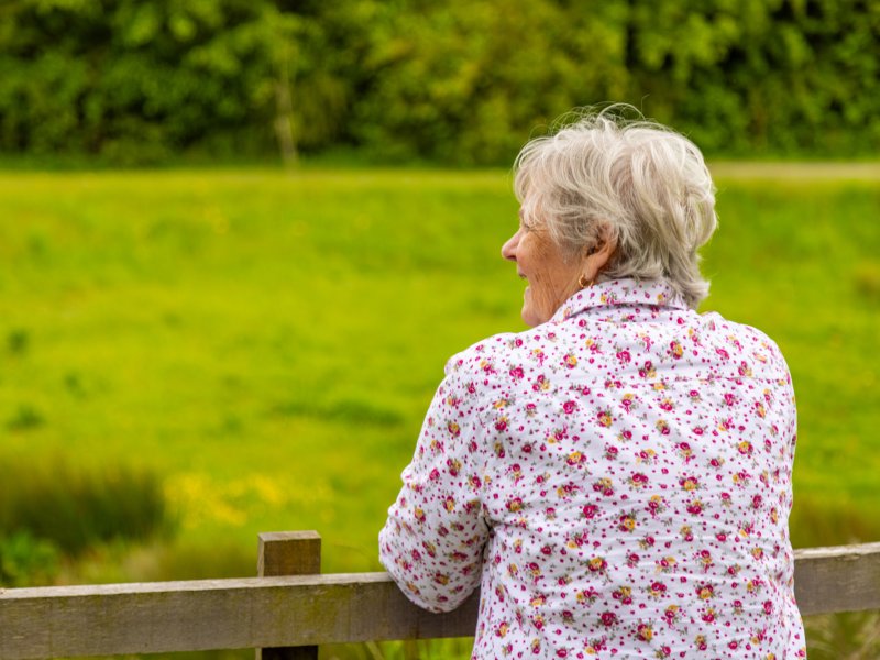 Elderly lace housing resident looking over a field